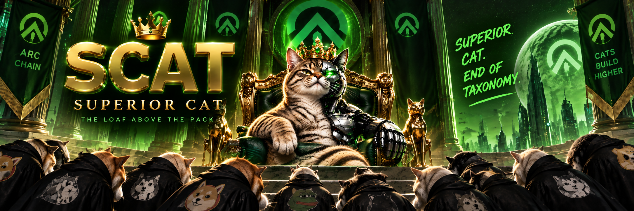 Superior Cat seated on a throne above a bowing pack, with the gold SC mark and the line Superior Cat End of Taxonomy